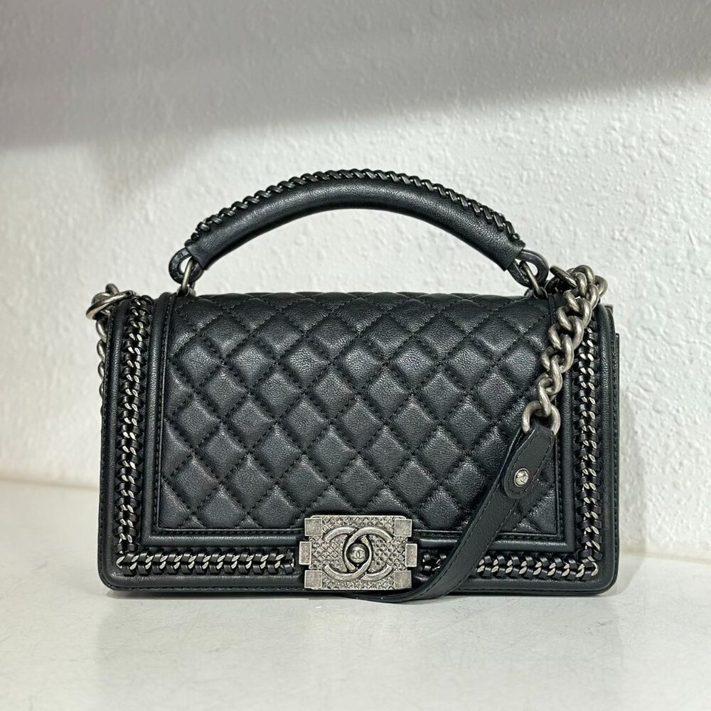 Chanel Black Leather Medium Boy Bag With Top Handle Shoulder Bag Crossbody